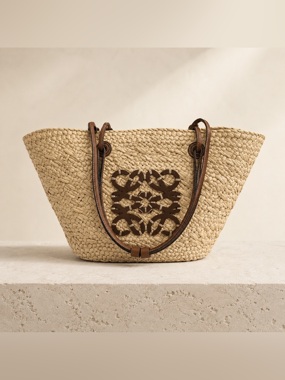 Woven Straw Tote Bag with Brown Leather Trim